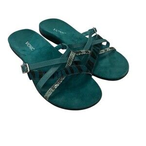 Vionic Women's Slide Sandals Teal Green Strappy‎ Buckle Accent Size 10